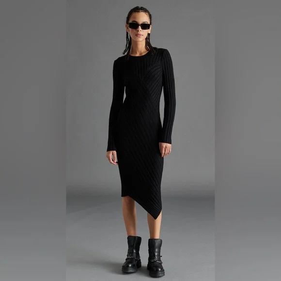 navy blue dress and black heels Black Long Sleeve Midi Dress - Bodycon Dress main image 0